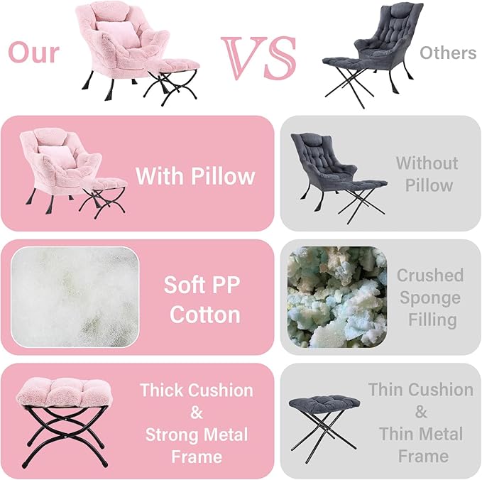 Lazy Chair with Ottoman Comfy Reading Lounge Chair with Footstool &amp Throw Pillow Modern with Armrests &amp Side Pocket for Living Room Bedroom Dorm Room Plush Pink