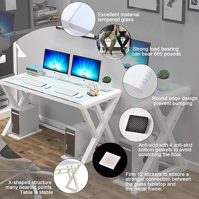 BINGTOO 55.1 Glass Top Computer Desk with Metal Frame - Modern Simple Workstation for Home Office Gaming Writing Study &amp Work White