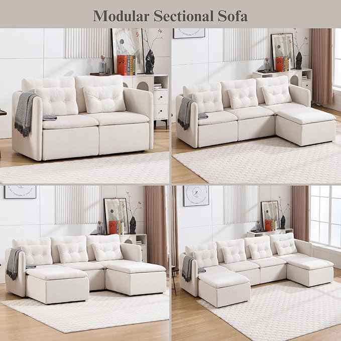 DUOMAY Modern Chenille Convertible Sectional Sofa 82.5 Wide Modular Couch with Deep Seat Upholstered U-Shaped Lounge Sofa 3 Seater for Living Room Bedroom Beige