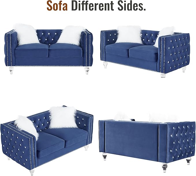 Luxury Chesterfiled Sofa Couch Set of 2 for Living Room2PC Modern Diamond Button Tufted Sofas with Acrylic Crystal Legs2 Piece Couches Set with Silver Nailhead Trim (Blue 2PC Sofa Set)