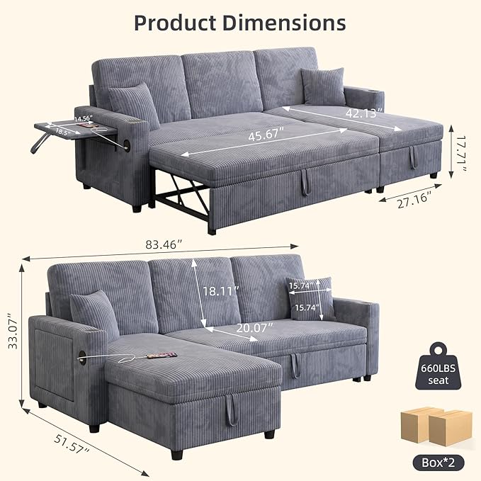 L-Shape Sleeper Sofa with Storage &amp Ports Pull-Out Couch Bed with Cup Holders Side Pockets &amp Side Table for Living Room Apartment Grey