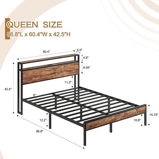 Queen Bed Frame with USB Charging Station &amp Storage Headboard Modern Metal Platform Bed with Large Under Bed Space Noise Free Easy Assembly No Box Spring Needed Rustic Brown