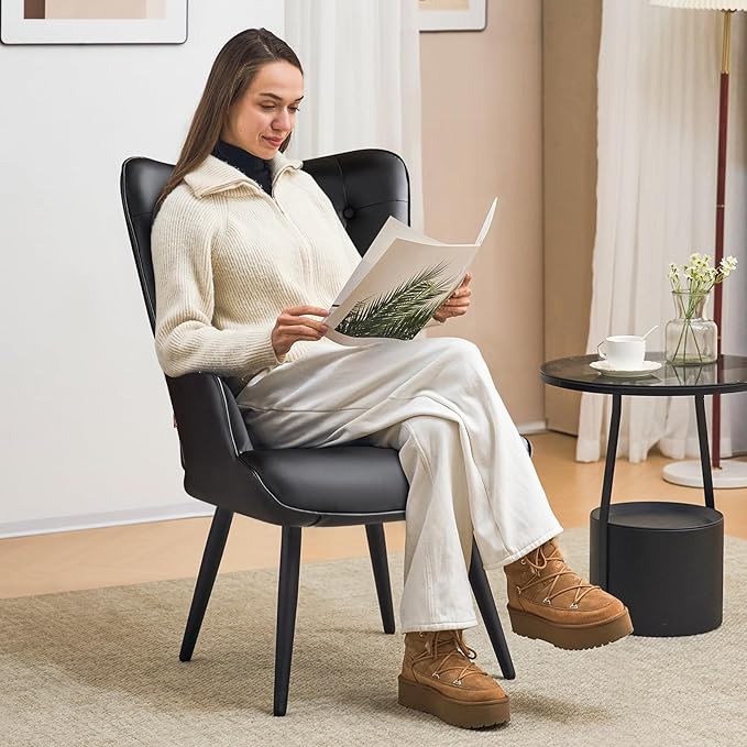 Furniliving PU Leather Accent Chair for Living Room Upholstered Reading Chair with High Backrest Tufted-Button Wingback Armchair for Bedroom Dressing Room Home Office Black