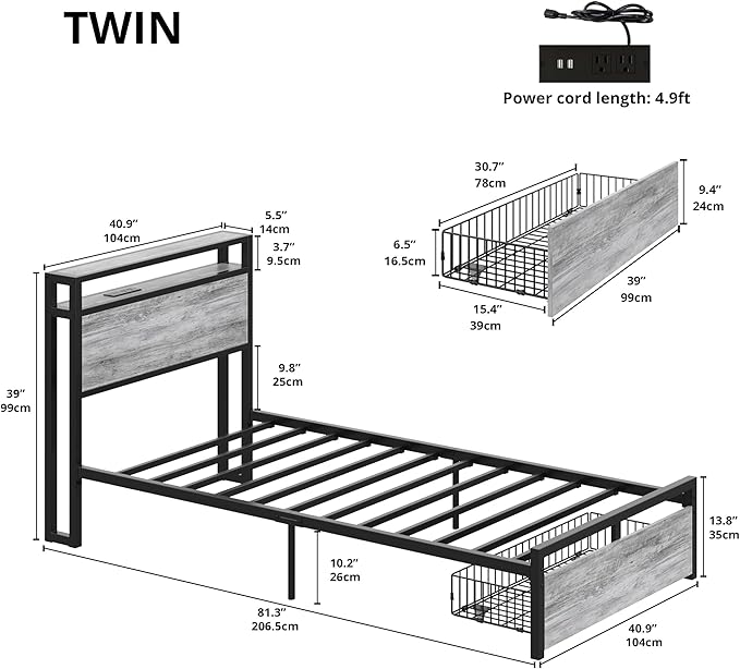 LIKIMIO Twin Bed Frames with Drawer Storage Headboard with Outlets No Box Spring Needed Easy Assembly Industrial Gray
