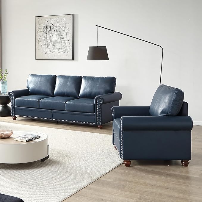 Antetek 3-Piece Comfy Upholstered Faux Leather Sofa Couch Set Mid-Century Modern Single Sofa Chair(2 Units) + 3 Seater Couch(1 Unit) with Storage Space for Living Room Furniture Set Navy Blue