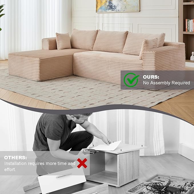 110 Inch Modular Sectional Cloud Couch with ChaiseOversized Deep Seat Sofa in CorduroyBoneless L Shaped Boneless Floor Couch Vacuum Pack for Easy ShippingNo Assembly for Living Room BedroomBeige