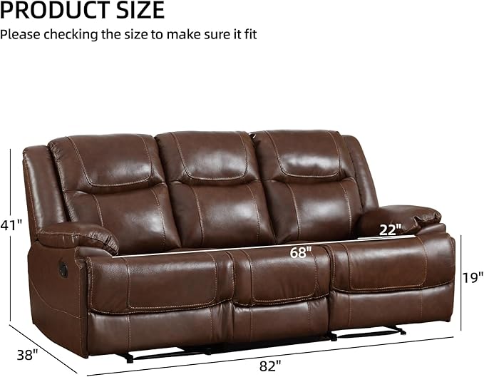 EBELLO Genuine Leather Manual Reclining Sofa 3 Seat Recliner Sofa Couch for Living Room Bedroom Furniture Meeting Room Brown