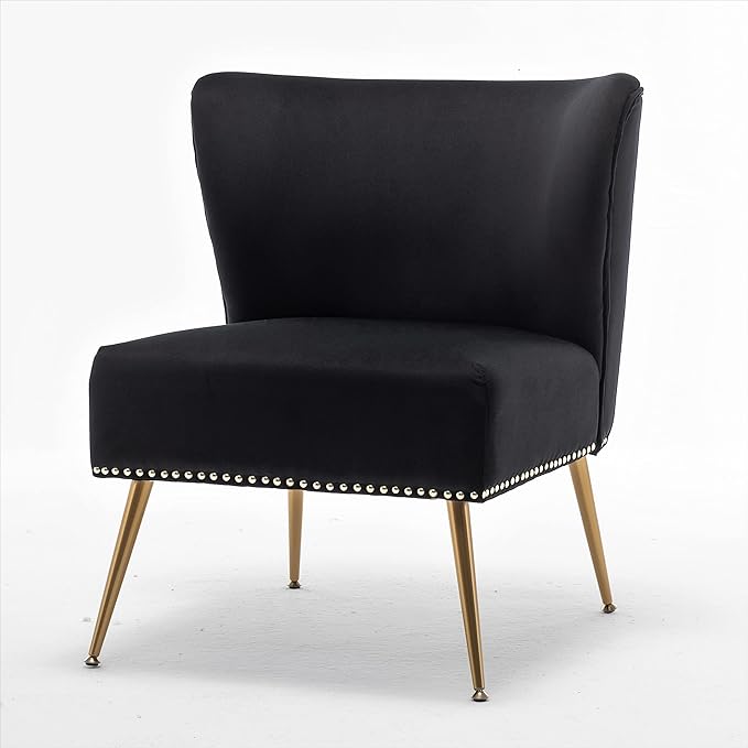 Thia Armless Velvet Accent Chair for Living Room Elegant Seat with Nailhead Trim Gold Metal Legs and Comfortable Curved Back 28 D x 25 W x 29.5 H Black