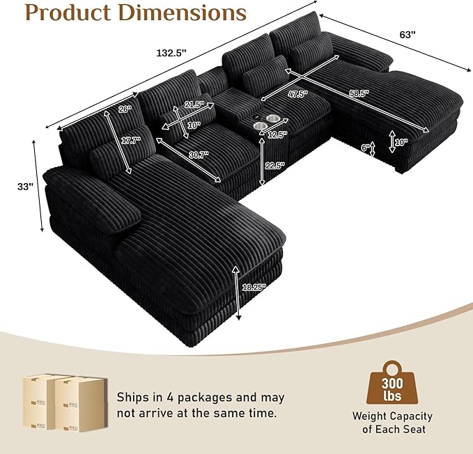 133 Oversized U Shaped Cloud Couch Modular Sectional Couches for Living Room Comfy Corduroy Deep Seat Sofa Set with Double Chaise Lounge Storage Central Console Cup Holders USB Port Black