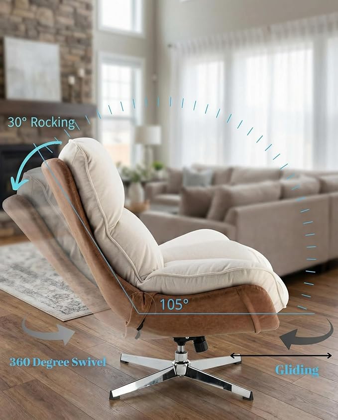 LukeAlon Linen Swivel Lounge Chair Upholstered High Back Accent Chair with Metal Base Armelss Comfy Modern Recliner Chair for Living Room Office Beige