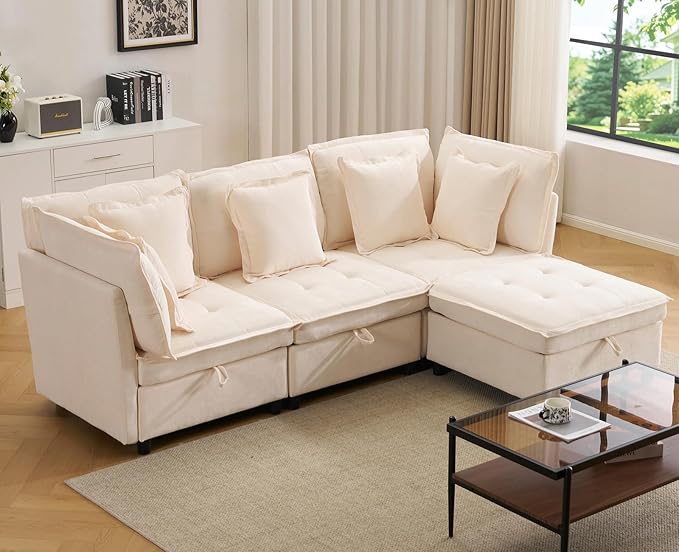 Modular Sectional Sofa 102.5 L-Shaped Cloud Couch with Storage 4-Seater Deep Seat Couch with Tufted Cushions &amp Removable Pillows Comfy Chenille Couches for Living Room Beige | Modern couch