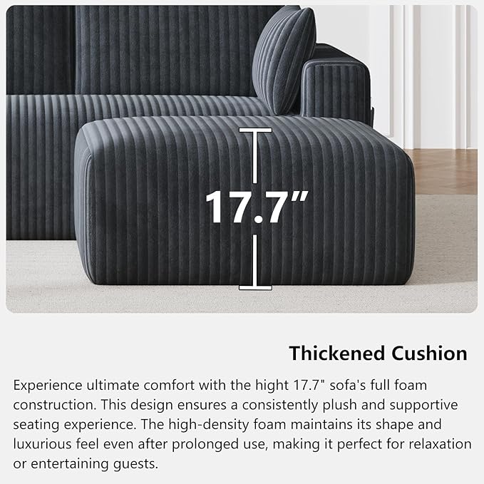 108 Boneless Couch Modular Sectional Couches for Living Room L Shaped Deep Seat Chaise with Side Pockets No Assembly Required Plush Corduroy Fabric Sleeper Sofa for Apartments Dark Grey