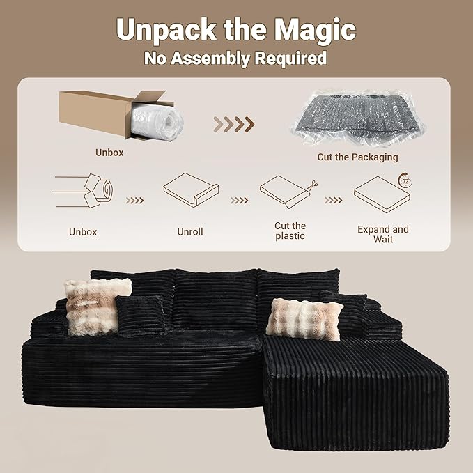 96 Cloud Sectional Couches for Living RoomL Shaped Boneless Couch with Comfy ChaiseModular Sofa with Deep Seat No Assembly RequiredBlack | Tool Free Assembly