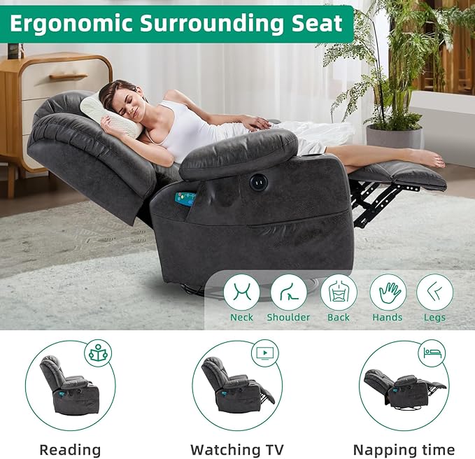 VIVIJASON Swivel Rocker Recliner Chair with Heat &amp Vibration Manual 360° Swivel Glider Overstuffed Reclining Chair with 2 Cup Holders Side Pockets &amp USB Ports for Living Room Gray