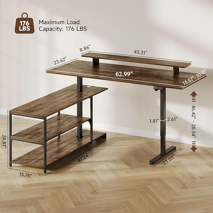 Standing Desk with File Cabinet 63x24'' L Shaped Electric Stand Up Desk with Adjustable Monitor Shelf Adjustable Height 28-46'' for Home and Computer Workstation Walnut