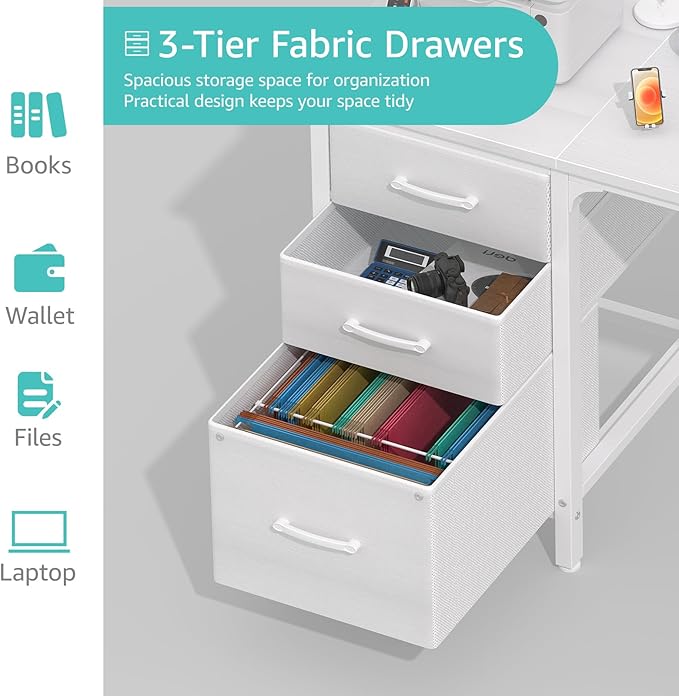 Lufeiya White Desk with File Drawers Cabinet 47 Inch Reversible Computer Desk with Fabric Filing Cabinet for Bedroom Small Space Home Office Modern Writing Table PC Desks White