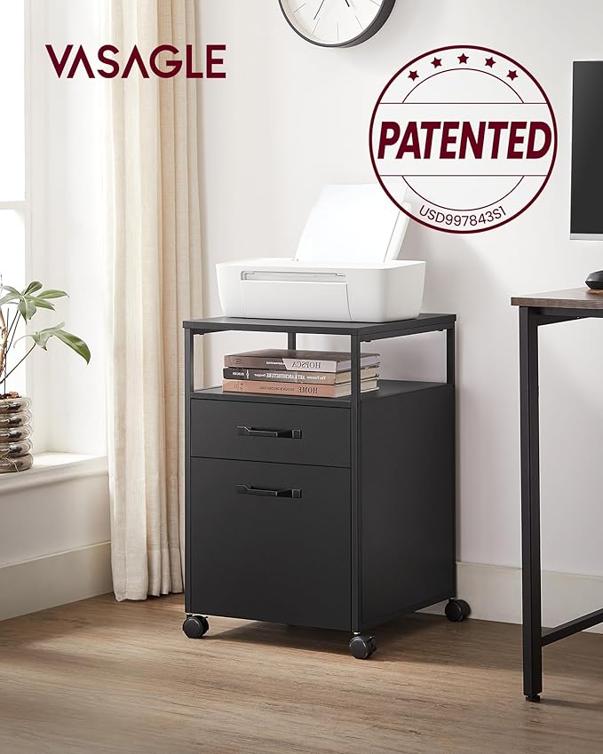 VASAGLE File Cabinet Mobile Filing Cabinet with Wheels 2 Drawers Open Shelf for A4 Letter Size Hanging File Folders Ink Black UOFC071B16