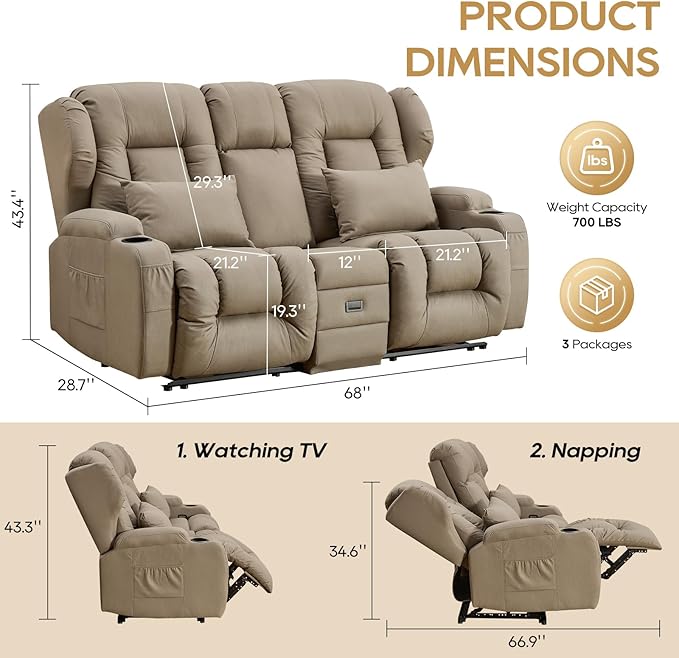 IPKIG 68 Loveseat Recliner Sofa - 3 Seater Reclining Sofa with Flip Middle Backrest Versatile Power Outlet Storage Drawer Cup Holders Lumbar Pillows Manual Recliner (Khaki 68 Loveseat)
