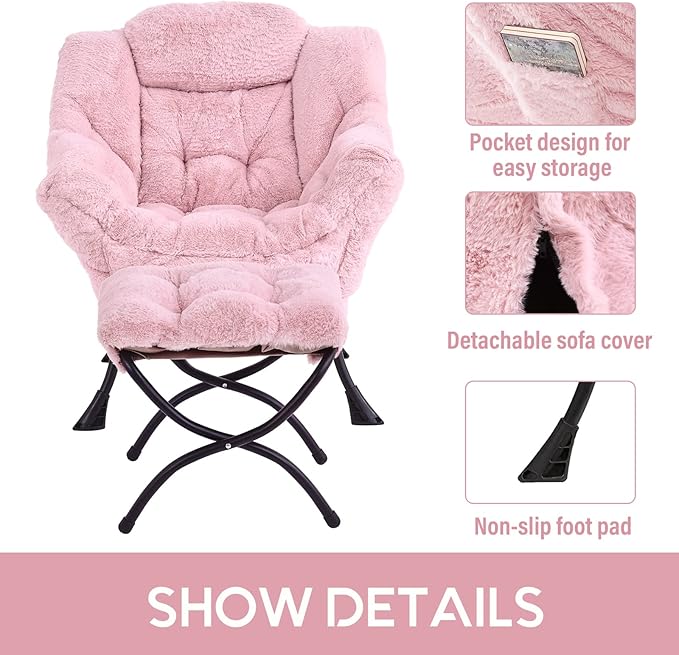 LITA Lazy Chair with Ottoman Modern Accent Leisure Upholstered Sofa Contemporary Lounge Reading Chair with Armrests and a Side Pocket for Living Room Bedroom &amp Small Spaces Plush Pink