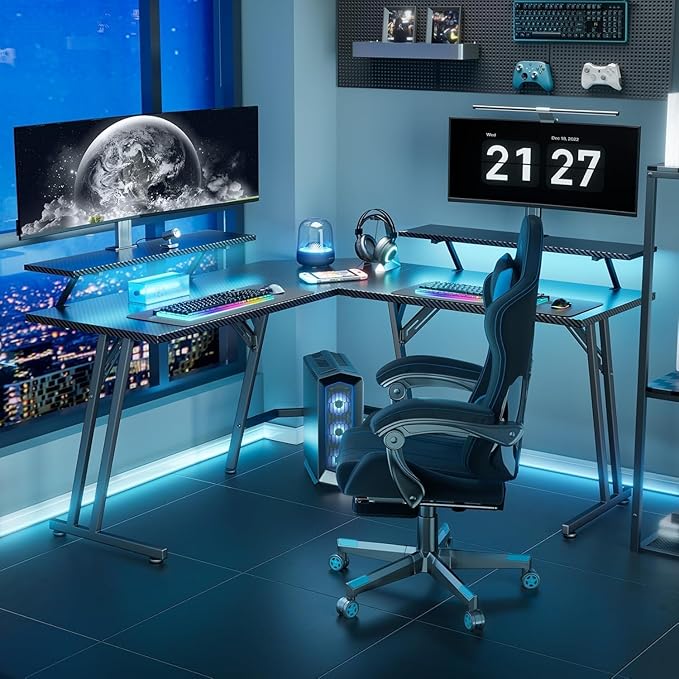 HLDIRECT 51 Inch L Shaped Gaming Desk with Monitor Stand and LED Lights Corner Computer Desk with Carbon Fiber Surface PC Gaming Table for Home Office Writing Workstation Easy to Install Black