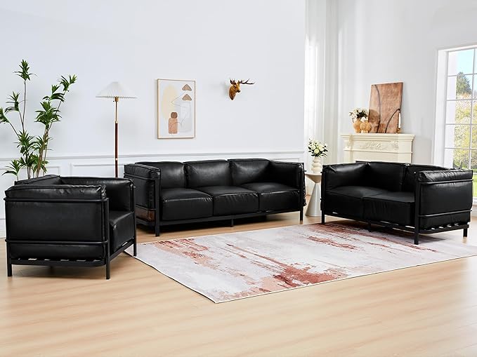 QHITTY 3 Seater Accent Sofa Mid-Century Modern Upholstered Couch Chair Faux Leather Sofa Couch with Iron Frame and Upholstered Armrest Backrest Cushion for Living Room Office Apartment (Black)