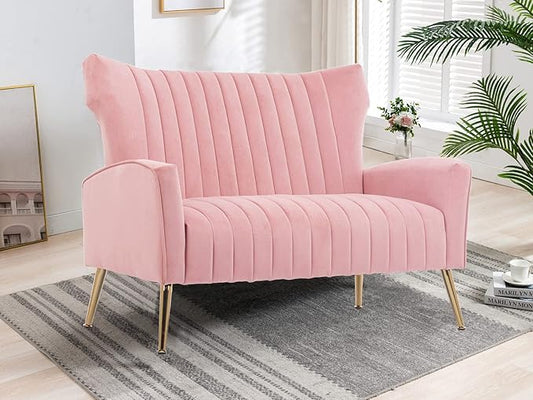 Velvet Couch Modern Wingback Loveseat Tufted Luxury Sofa with Gold Legs for Living Room/Bedroom Light Pink