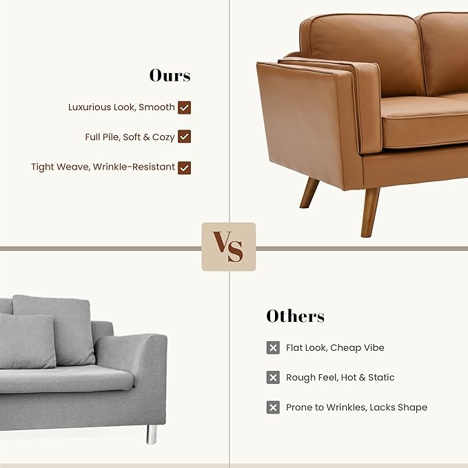 Kingfun Modern Loveseat Sofa for Living RoomFaux Leather Loveseat Dual-Layer Armrests Removable Cover Spring Cushions Solid Wood Frame Easy Assembly for Small Spaces (62.2inchLight Brown)