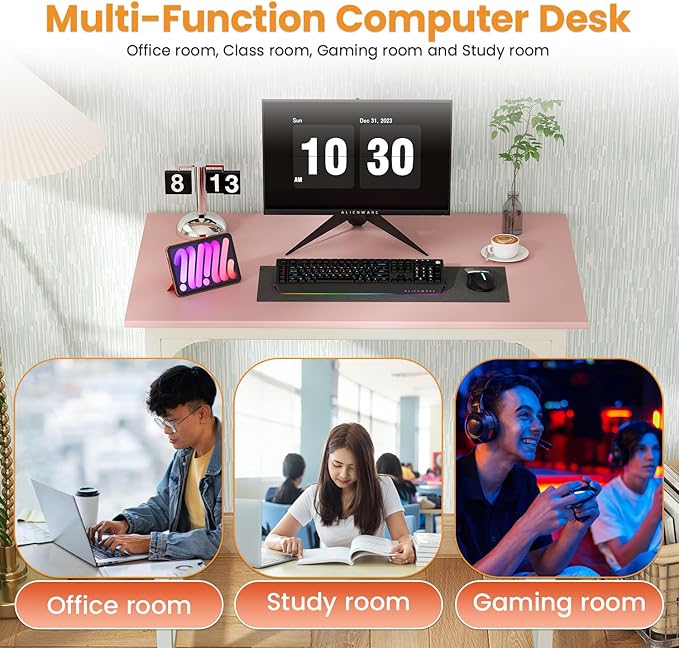 PayLessHere | 32 Inch Computer Desk | Pink | Office Desk with Metal Frame Adjustable Feet | Water-Resistant Scratchproof Surface | Sturdy Writing Table for Home Office or Study | Pack of 1