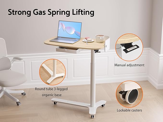 KINGSMITH Rolling Desk Adjustable Height with Drawer and Wheels Portable Small Standing Desk Pneumatic for Home Office Mobile Computer Laptop Desk Cart Medical Sofa Overbed Table Oak