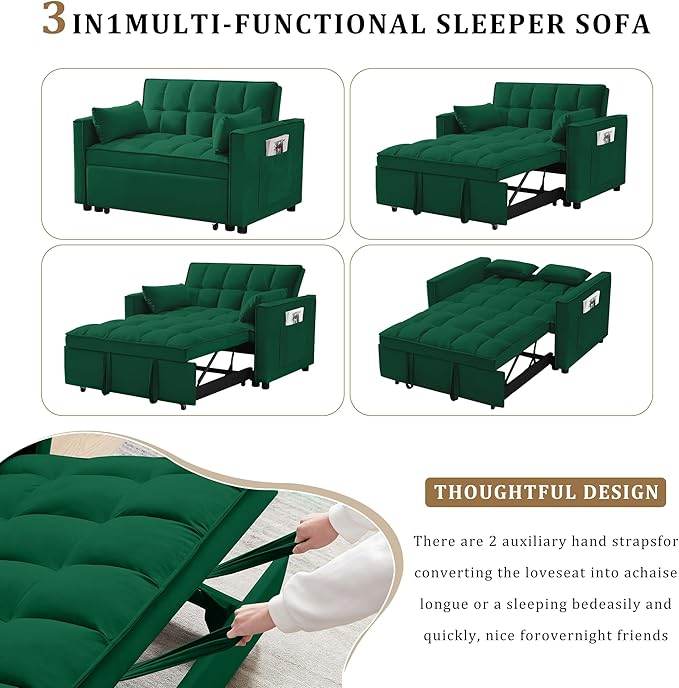 53’’ Sleeper Sofa Couch with Pullout Bed 3-in-1 Convertible Button Tufted Upholstered Futon Loveseat Sofa Bed with Side Pockets and Pillows for Small Place Living Room Apartment (Green)