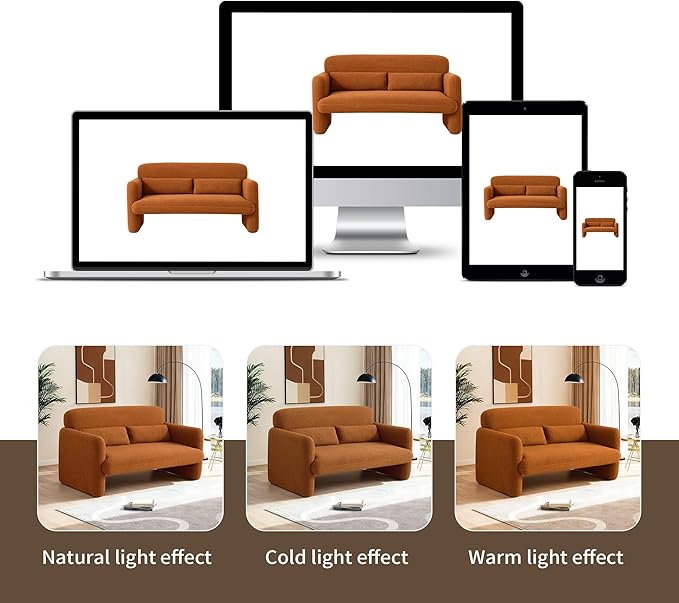 59.1 Boucle Modern Sofa Couch 2 Seater Sherpa Lamb Fabric Loveseat Comfy Upholstered Couch Leisure Lounge Sofa with 2 Waist Pillow for Bedroom Office and Living RoomOrange
