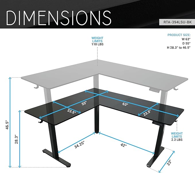 Techni Mobili 63” W L-Shaped Electric Standing Desk with 3 Memory Height Presets and 2 Accessory Hooks Height Adjustable Sit to Stand Corner Desk for Home Office with Spacious Work Surface Black