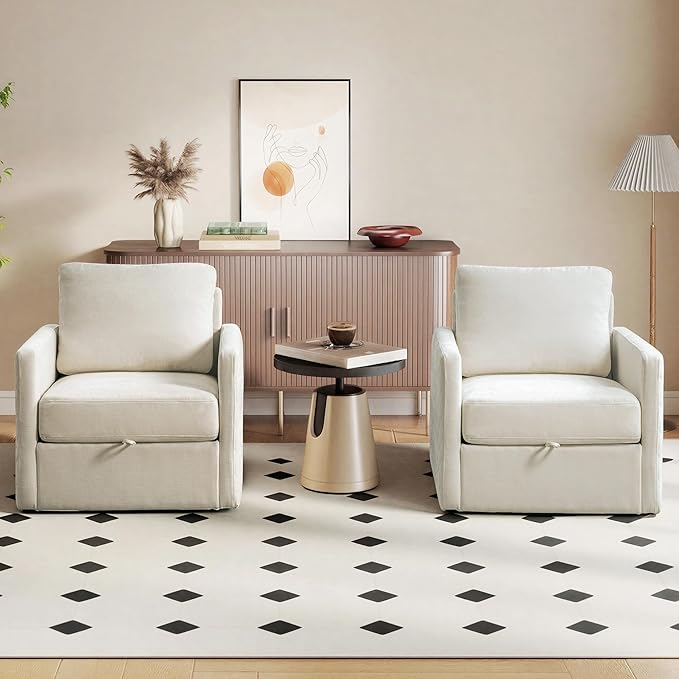 Aoiy &amp Wifon 29.5''W Swivel Accent Chair Set of 2 Comfy Modern Square Arm Chair with Hidden Storage for Living Room/Bedroom/Office Chenille Beige