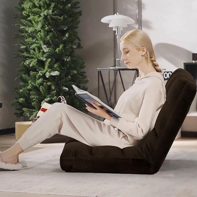 Floor Chair 24 inches Wide Oversized Velvet Armless Lay Flat Floor seat Padded Meditation Chair with 6 Adjustable Position Ergonomic Comfortable Convenient(LRSF-015-BROWN)