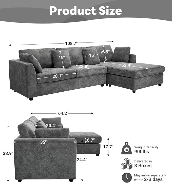 Tbfit L Shaped Couch Oversized 108 Modular Sectional Sofa with Convertible Chaise Comfy 4 Pillows Sofa for Living Room Gray