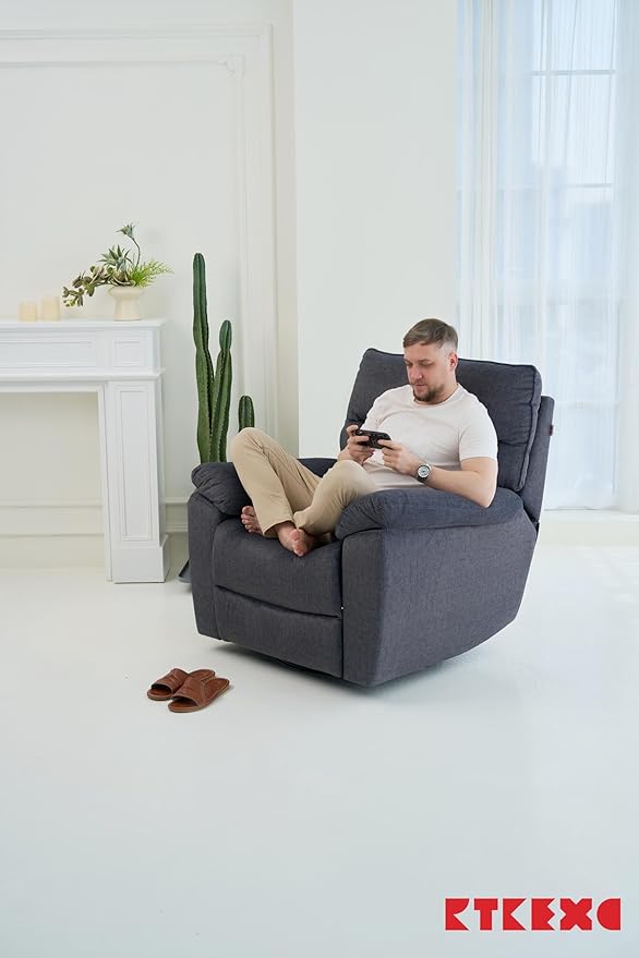 Reclining Sofa Rocking Recliner Chair Manual Adjustable 360 Swivel with Ergonomics Overstuffed Lumbar Arm Support Natural Fabric Surface Made for Living Room Bedroom Nursery Dark Grey