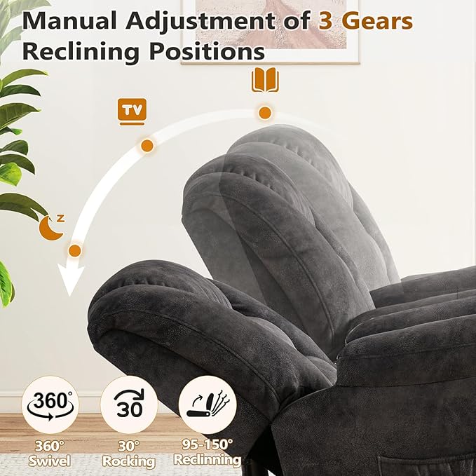 ANJ Rocking Recliner Chair Oversized Swivel Rocker Recliners Comfy Glider Rocking Chairs for Big Man Extra Wide Recliners Overstuffed Reclining Chair for Living Room Grey