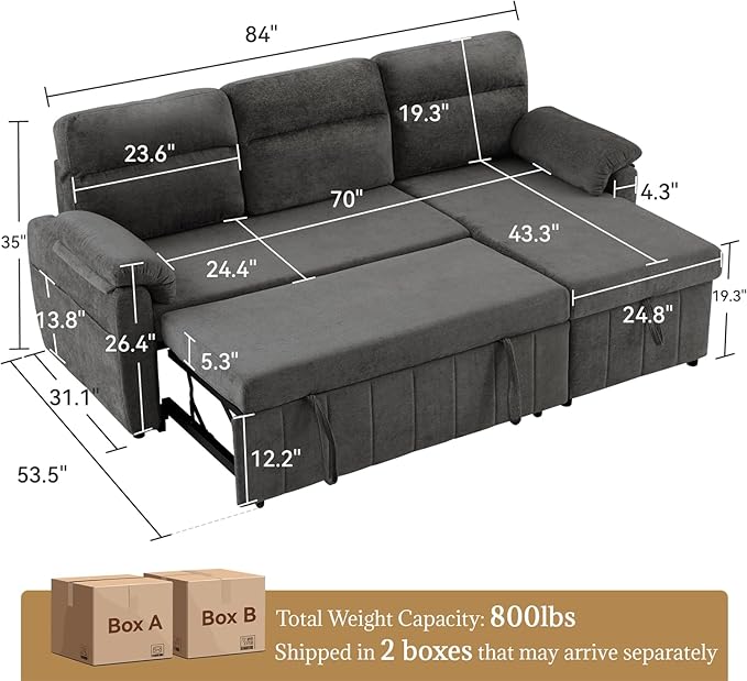 Tbfit 84’’ Queen Sleeper Sofa Couch with Pullout Bed 3 in 1 Cloud Sofa Bed Couch with Storage Chaise &amp USB Chenille Convertible Sleeper Sofa Pull Out Sofas for Living Room Small Spaces Dark G