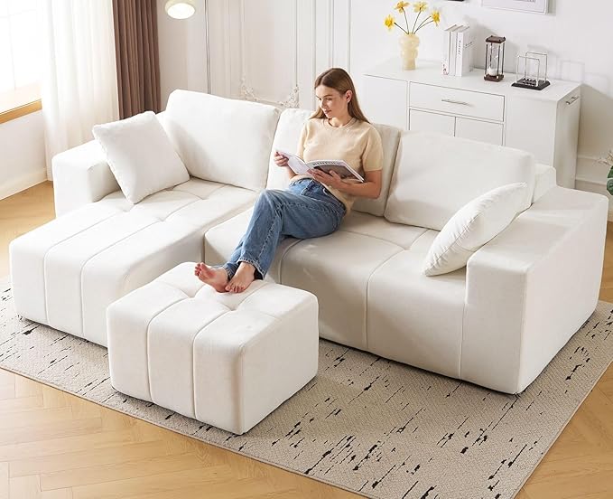 Square Stuffed Pouf OttomanChenille Poufs with Foam Chunk Filling27.9 X 16.1 Floor Poufs for SofaAccent Foot Rest Stool for Living RoomBedroomBeige