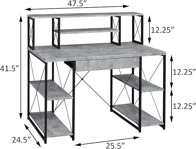 Penau Grey and Black Office Desk with Hutch Sturdy Writing Desk with 1 Drawer and 8 Open Shelves Modern Design for Office and Recording Studio