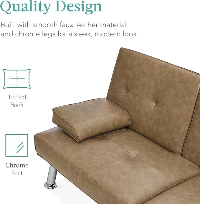 Best Choice Products Faux Leather Upholstered Modern Convertible Futon Adjustable Folding Sofa Bed Guest Bed w/Removable Armrests - Taupe