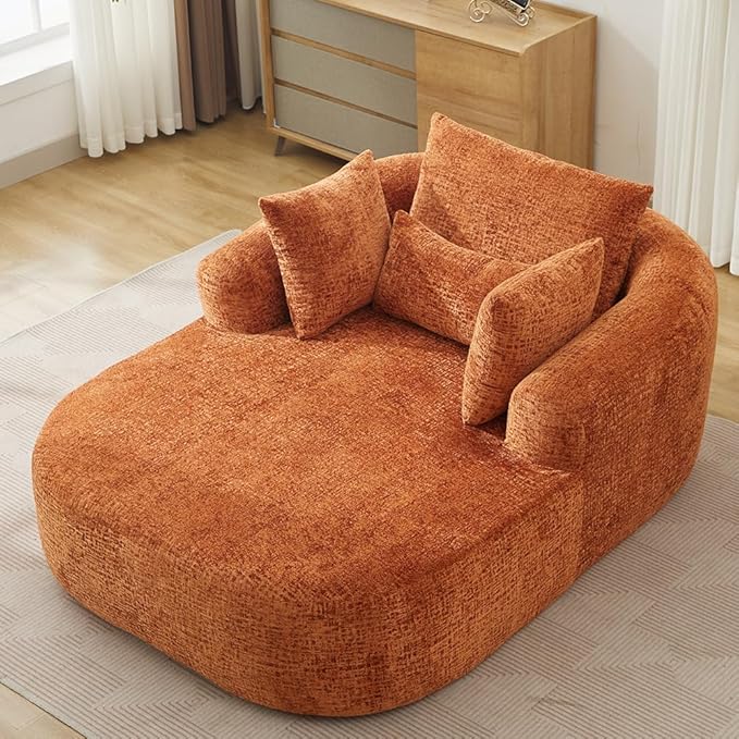 65.7 Oversized Chaise Longue Chair Indoor Modern Upholstered Corduroy Deep Seat Sofa Bed with Throw Pillows and Armrests Sleeper Sofa Couch for Living Room (Orange)