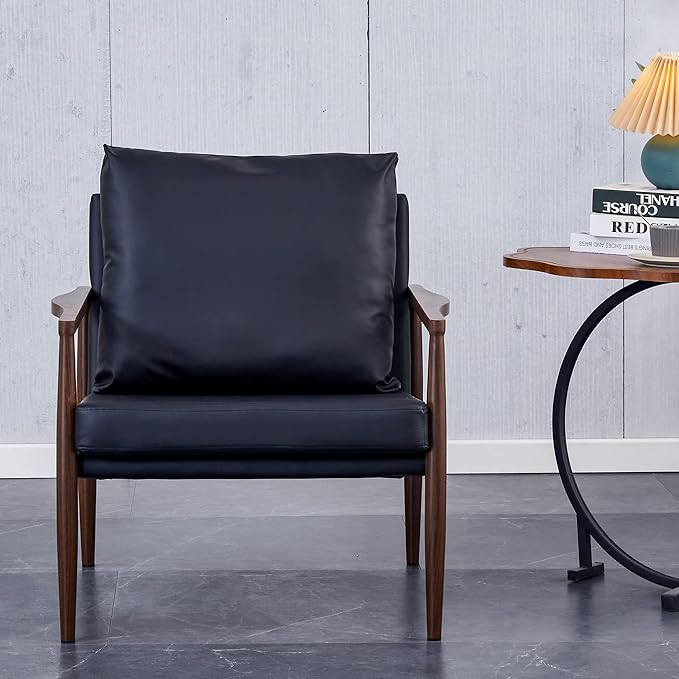 Sofa Chair.Black PU Leather Accent Arm Chair Mid Century Modern Upholstered Armchair with Imitation Solid Wood Color Metal Frame Padded Backrest and Seat Cushion Sofa Chairs for Living Room