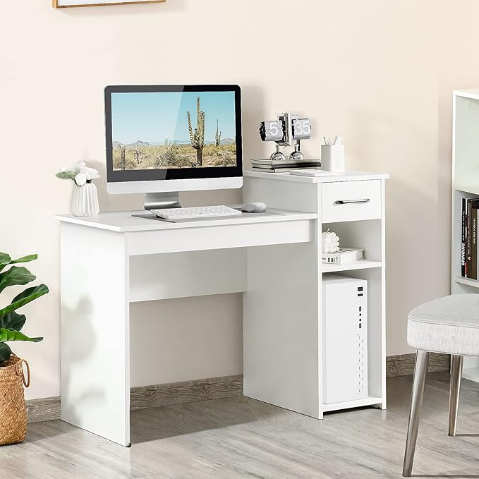 COSTWAY Computer Desk 40 inch Laptop PC Gaming Table with Drawer Monitor Stand &amp Storage Shelf Modern Simple Study Writing Table for Home &amp Office Easy Assembly White