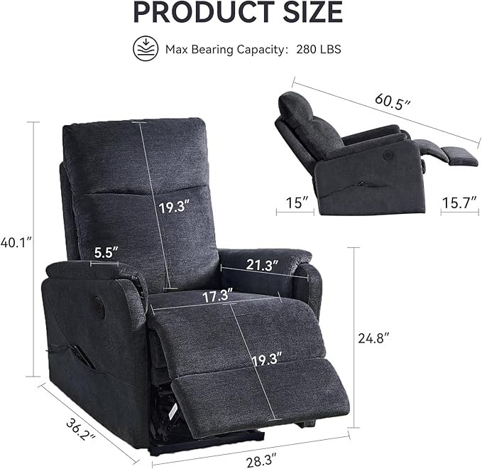 Electric Power Recliner Chair with USB PortFabric Single Sofa Seat Chair Home Theater Seating with Recliner FunctionErgonomic Lounge Chair (Bluish Grey-Massage Compact Design)