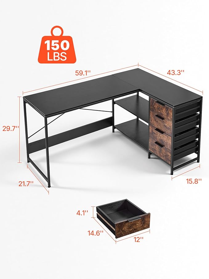 VEVOR L-Shaped Computer Desk 59-inch Reversible Corner Gaming Desk with Drawers &amp Storage Shelves Modern Stylish PC Table Sturdy Work Workstation for Home Office - Easy to Assembly