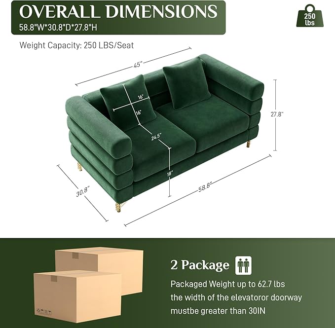 Cloud Couch for Living Room 59 Modern Overstuffed Deep Seat Velvet Loveseat Sofa with 2 Pillows Comfy Upholstered 2 Seater Love Seat for Bedroom Office Emerald Green Velvet