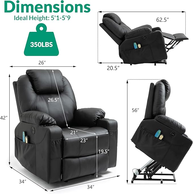 VIVIJASON Power Lift Chair Electric Recliner for Elderly Heated Vibration Massage Faux Leather Recliner Chair with 2 Remote Controls Cup Holders Side Pockets &amp USB Ports for Living Room (Black)