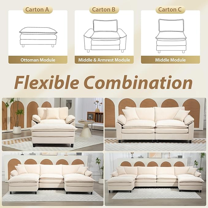Oversized Modular Sectional Sofa 146.5 Inch L Shaped Cloud Couch Set 4-Seat Comfy Convertible Sofa with 1 Movable Ottoman DIY Combination Sleeper Couch for Living Room(Chenille Beige)