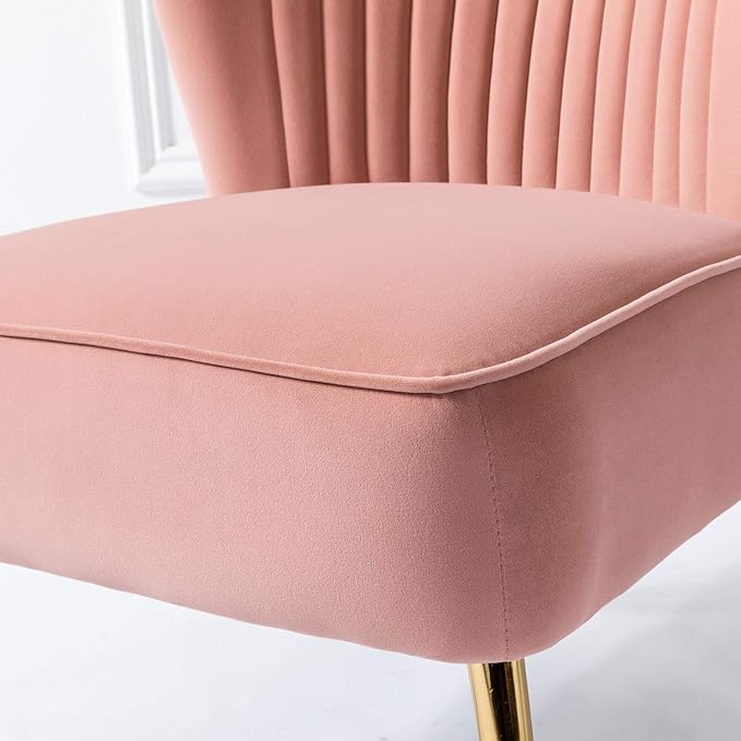 Tina's Home Velvet Armless Accent Chair Upholstered Modern Small Side Chair with Golden Legs Comfy Cute Wingback Slipper Chair for Living Room Study Beauty Room Thickly Padded(Pink)